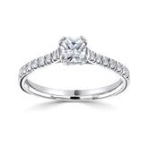 Platinum cushion cut 1ct lab diamond D colour ring with double claw detail and diamond shoulders