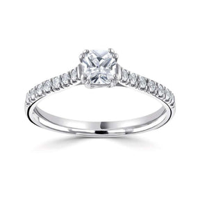 Platinum cushion cut 1ct lab diamond D colour ring with double claw detail and diamond shoulders