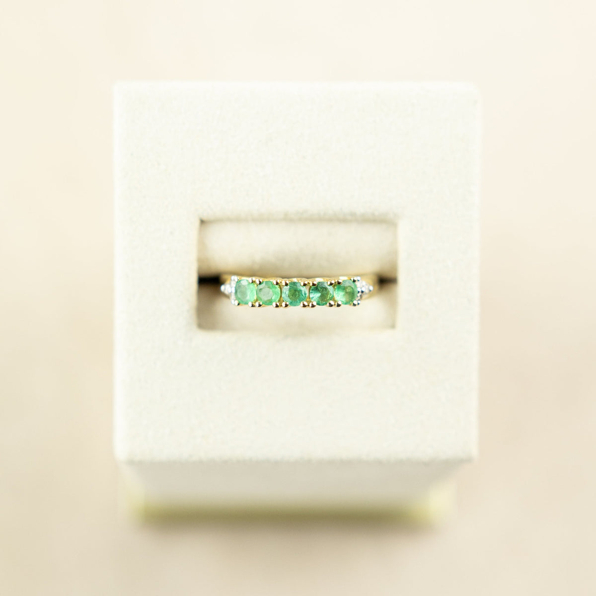 9 Karat Yellow Gold Emerald & Diamond 5 Stone Ring