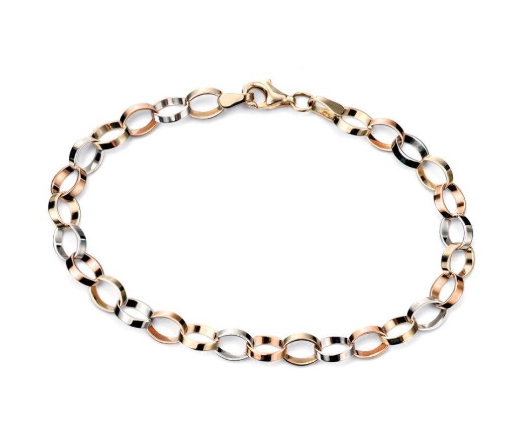 9ct yellow white and rose gold oval twist link bracelet