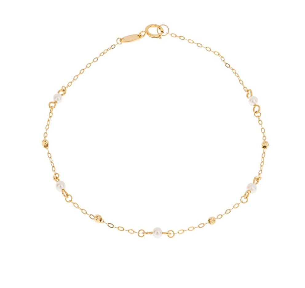 9ct yellow gold trace chain station bracelet with freshwater pearls