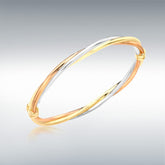 9ct yellow white and rose gold twist tube oval bangle