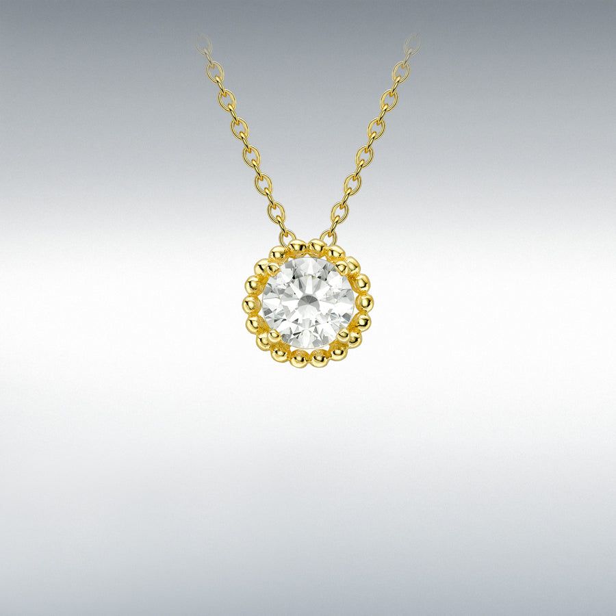 9ct yellow gold round cubic zirconia beaded halo set necklace