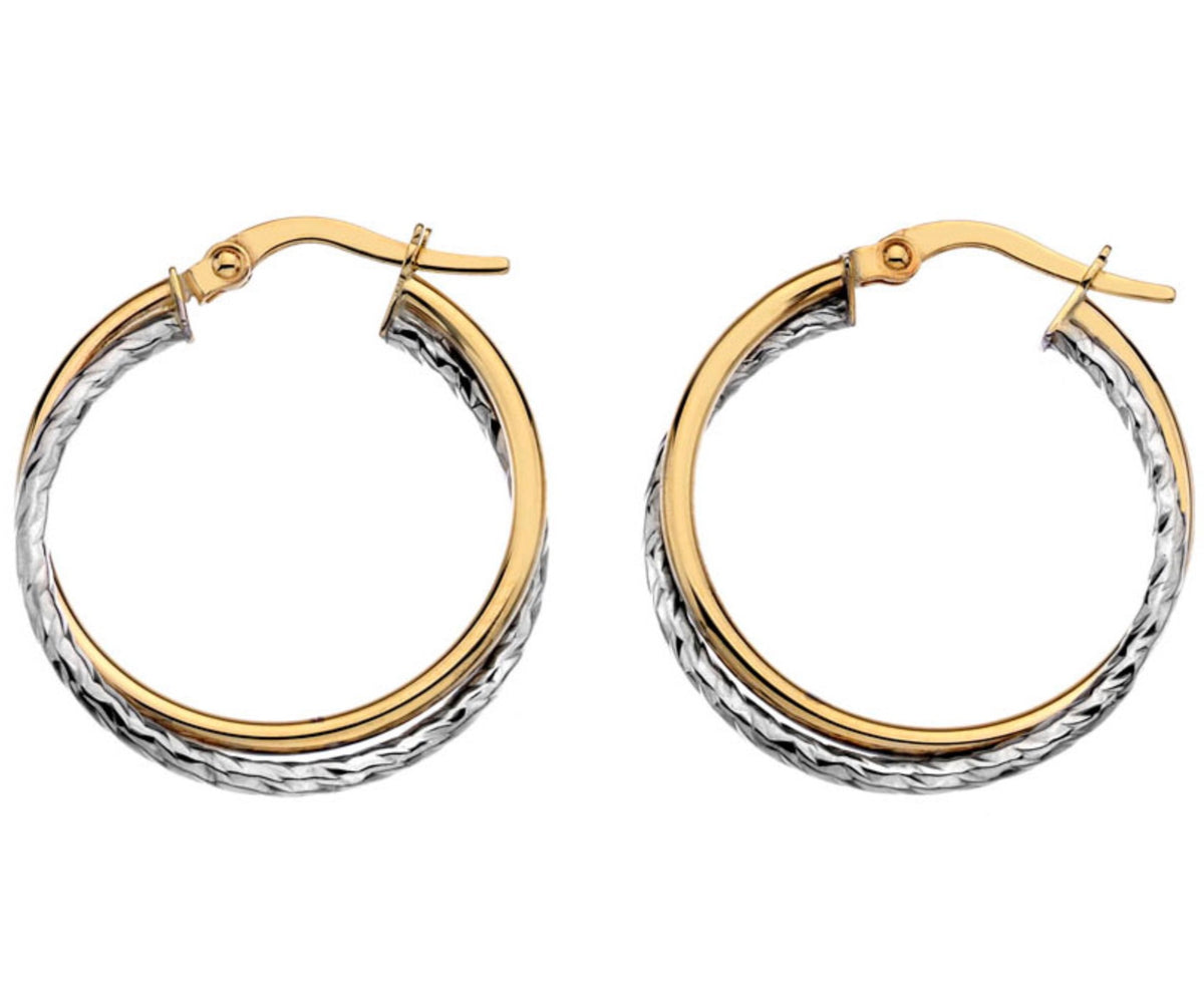 9ct yellow and white gold crossover mixed finish hoop earrings
