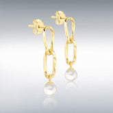 9ct yellow gold double textured link freshwater pearl drop earrings