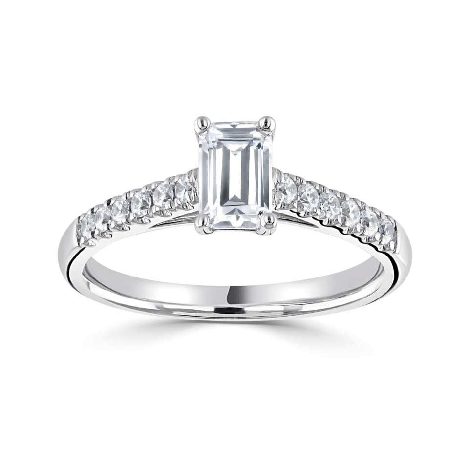 Platinum emerald cut 1.50ct D colour lab diamond 4 claw solitaire ring with diamond set shoulders