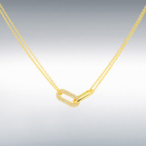 Designer inspired gold plated sterling silver pavé & polished double link necklace