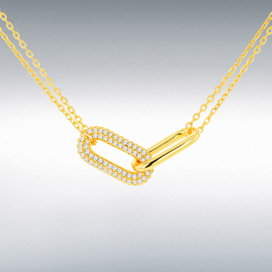 Designer inspired gold plated sterling silver pavé & polished double link necklace