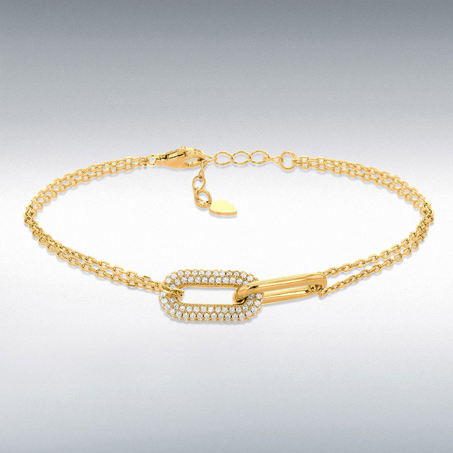 Designer inspired gold plated sterling silver pavé & polished double link bracelet