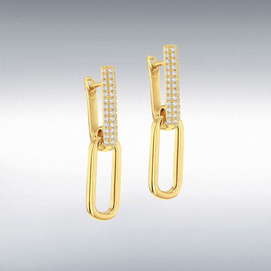 Designer inspired gold plated sterling silver pavé & polished double link drop earrings