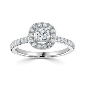 Platinum 0.70ct cushion cut diamond halo ring with diamond set shoulders