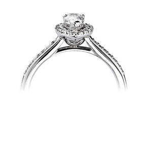 Platinum 0.47ct pear cut diamond halo ring with diamond shoulders