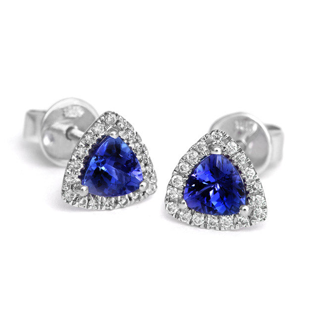 18ct White Gold Trilliant Cut Tanzanite And Diamond Halo Stud Earrings available at RR Jewellers Yarm