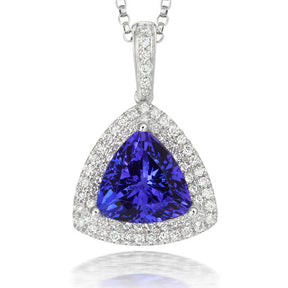 18ct White Gold Trilliant Cut Tanzanite And Diamond Double Halo Pendant