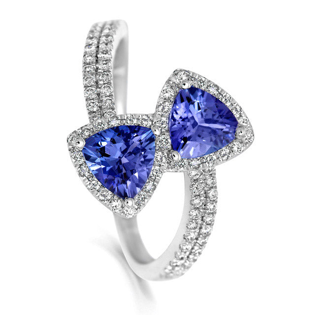 18ct White Gold Double Trilliant Cut Tanzanite And Diamond Halo Bypass Ring With Diamond Set Band