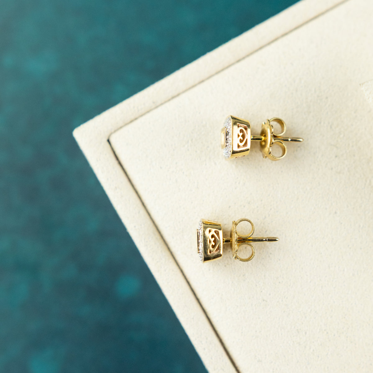 9 Karat Yellow Gold & Diamond Square Halo Studs