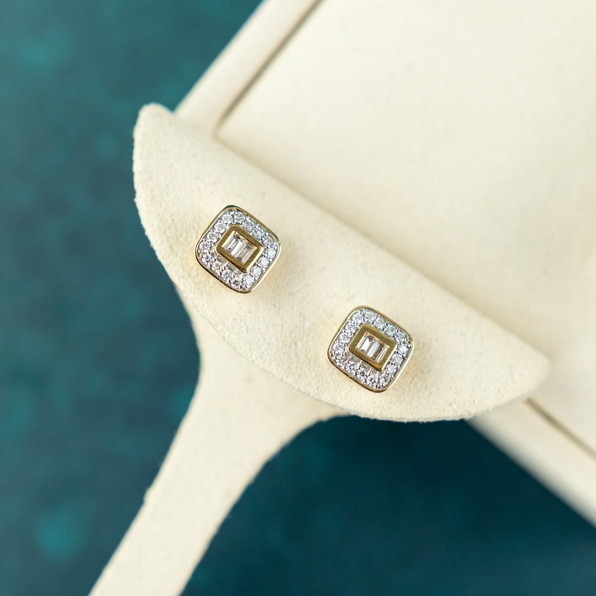 9 Karat Yellow Gold & Diamond Square Halo Studs 