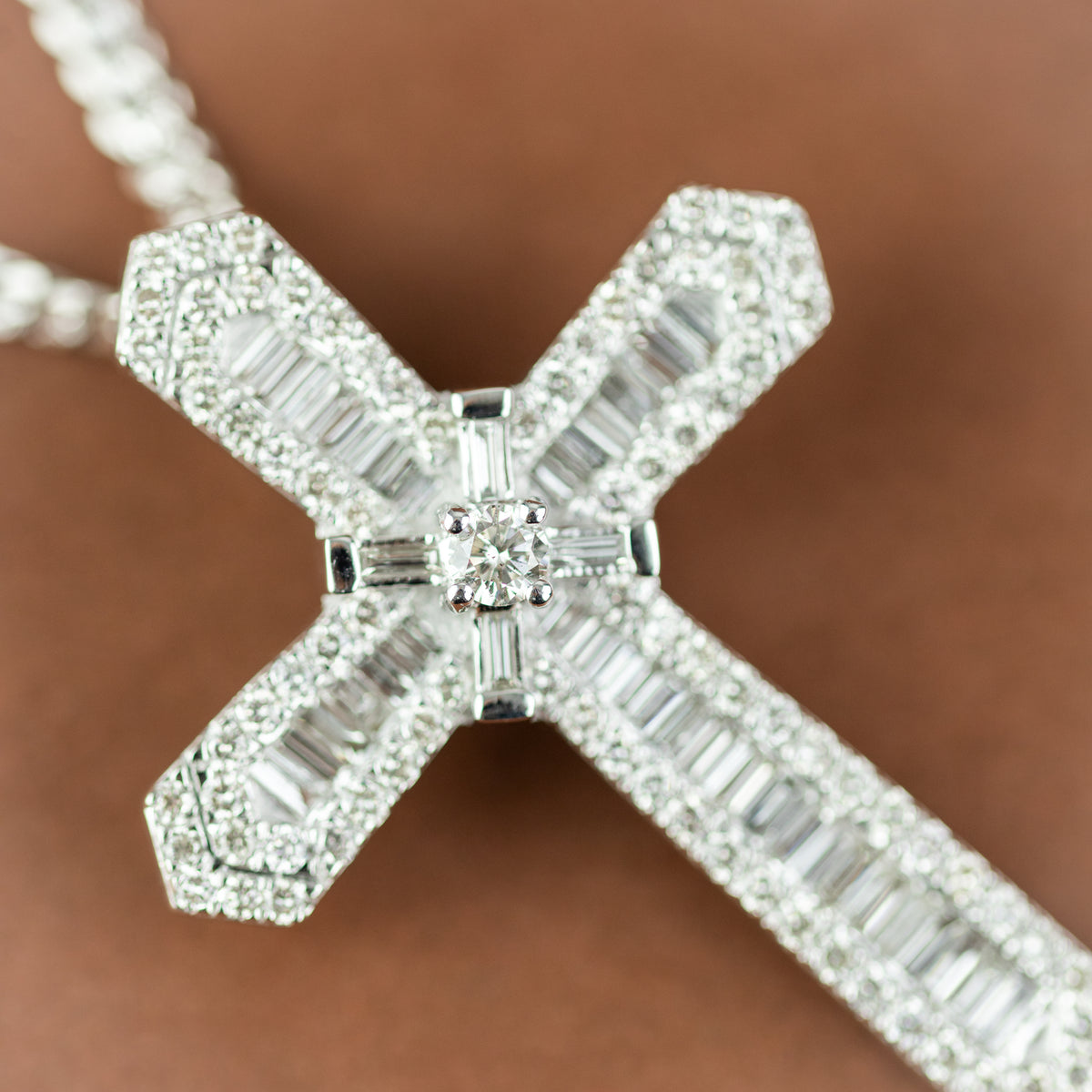9 Karat White Gold Natural Diamond Floating Cross Pendant 3.17ct on Pave Chain at RR Jewellers