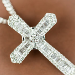 9 Karat White Gold Natural Diamond Floating Cross Pendant 3.17ct on Pave Chain at RR Jewellers
