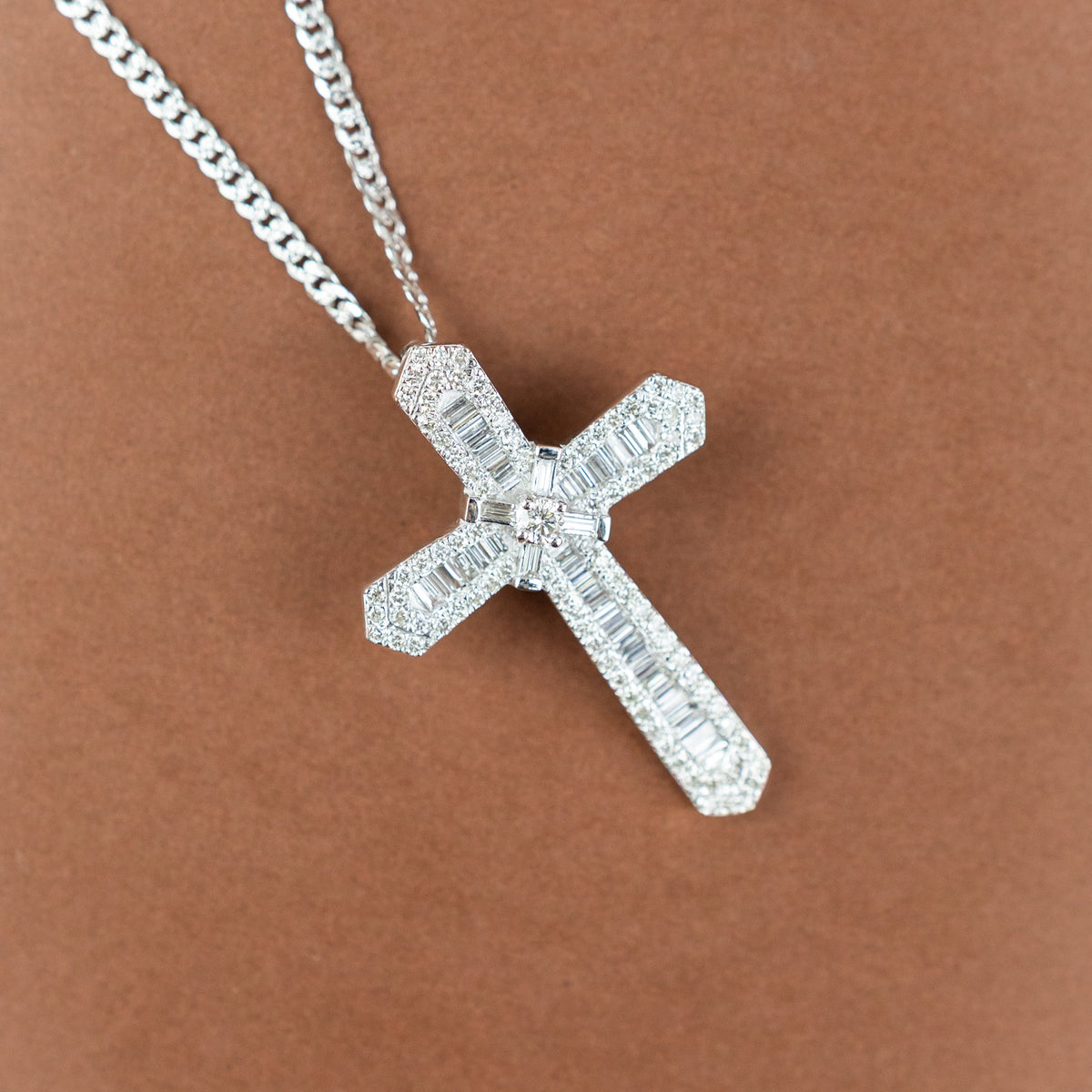 9 Karat White Gold Natural Diamond Floating Cross Pendant 3.17ct on Pave Chain at RR Jewellers