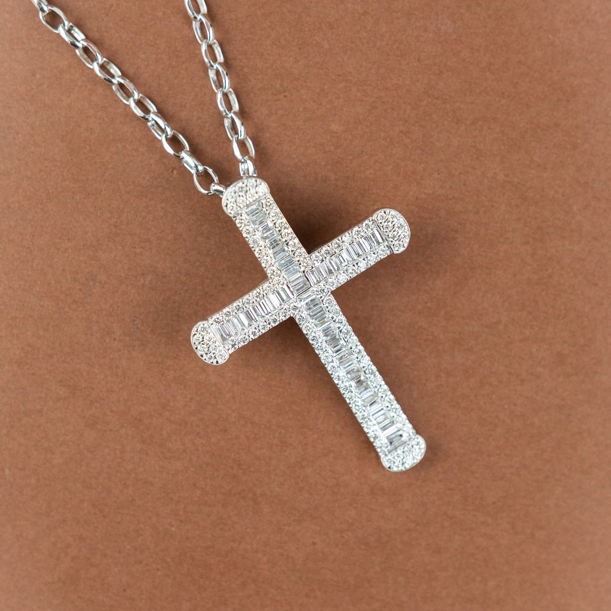 9 Karat White Gold Natural Diamond Floating Cross Pendant 2.90ct on Belcher Chain