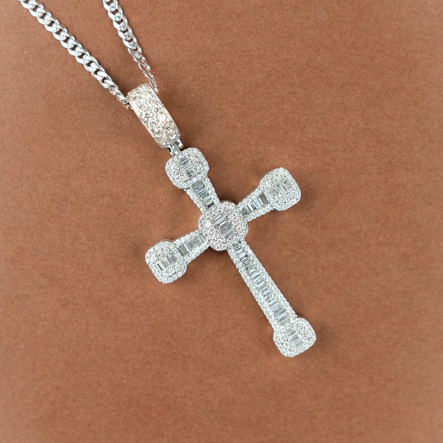 9 Karat White Gold Natural Diamond Cross Pendant 2.78ct on Pave Chain at RR Jewellers 