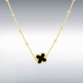 Designer inspired 9ct yellow gold black onyx petal necklace on diamond cut ball detail chain