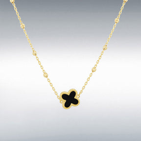 Designer inspired 9ct yellow gold black onyx petal necklace on diamond cut ball detail chain