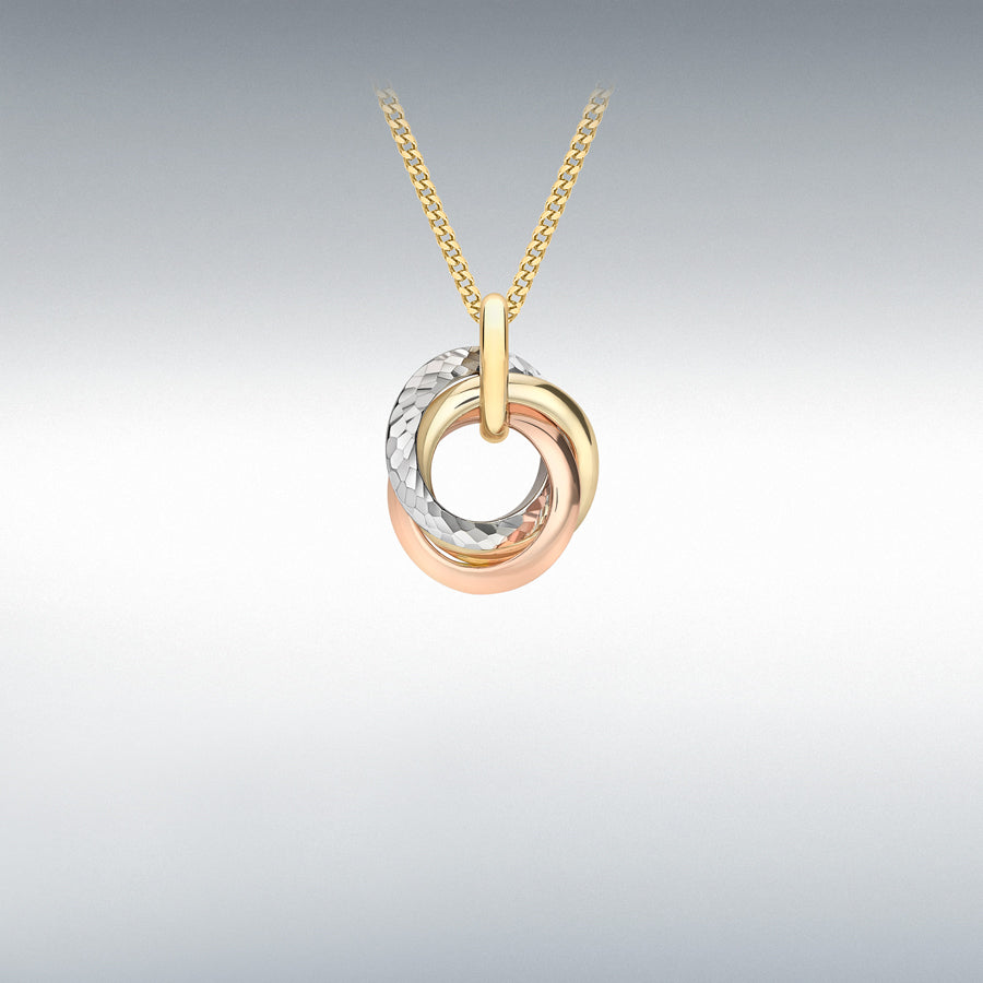 9ct 3 colour gold diamond cut Russian rings pendant
