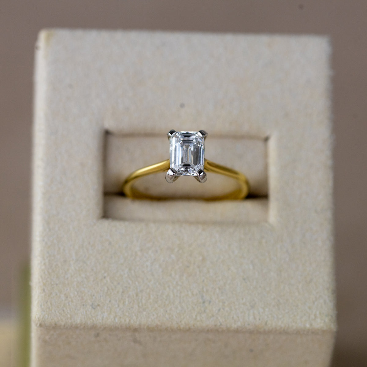 18ct yellow gold 1ct emerald cut lab diamond solitaire ring on slim band