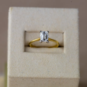 18ct yellow gold 1ct emerald cut lab diamond solitaire ring on slim band