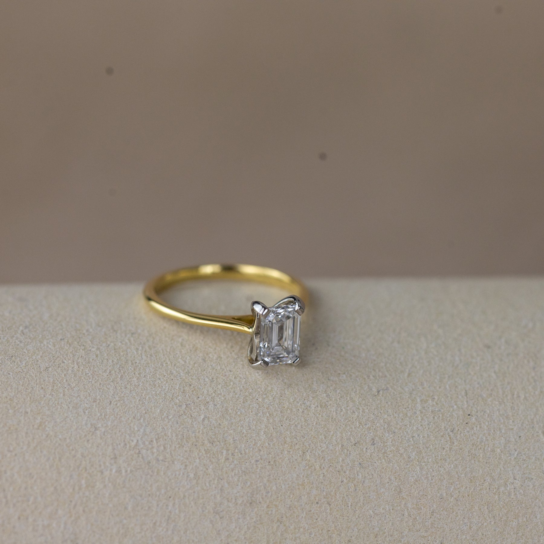 18ct yellow gold 1ct emerald cut lab diamond solitaire ring on slim band