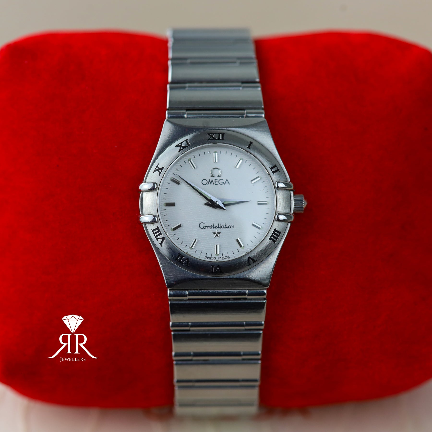 Preloved ladies Omega Constellation white dial silver baton watch