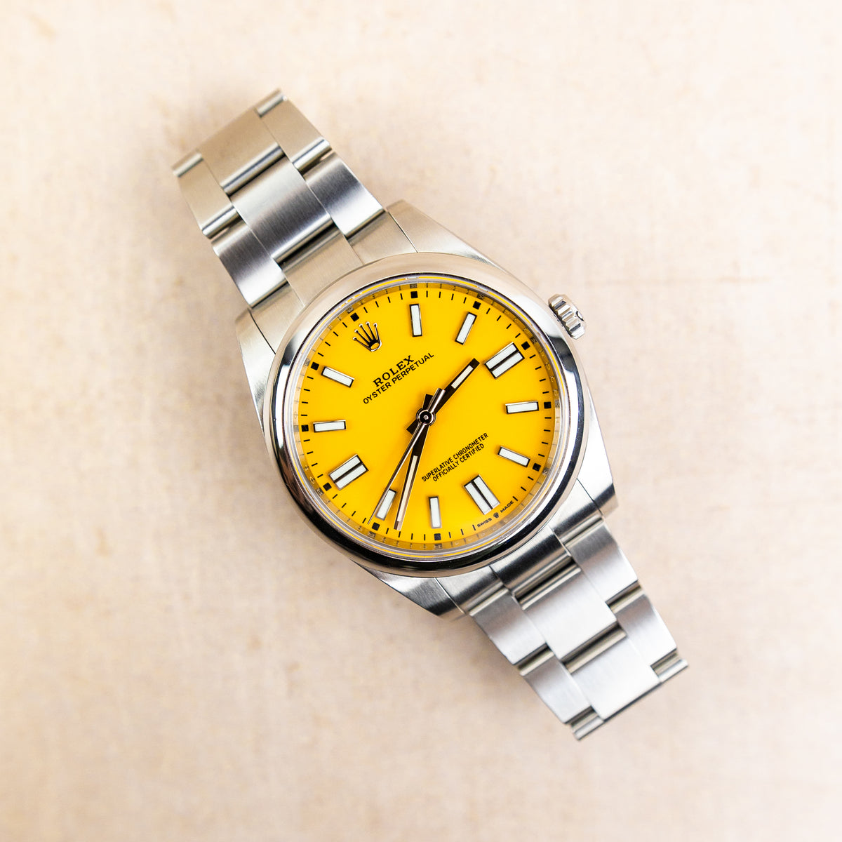 Unworn Pre - Owned 2021 Rolex OYSTER PERPETUAL 41mm Oystersteel Yellow Dial 124300 at RR Jewellers Yarm