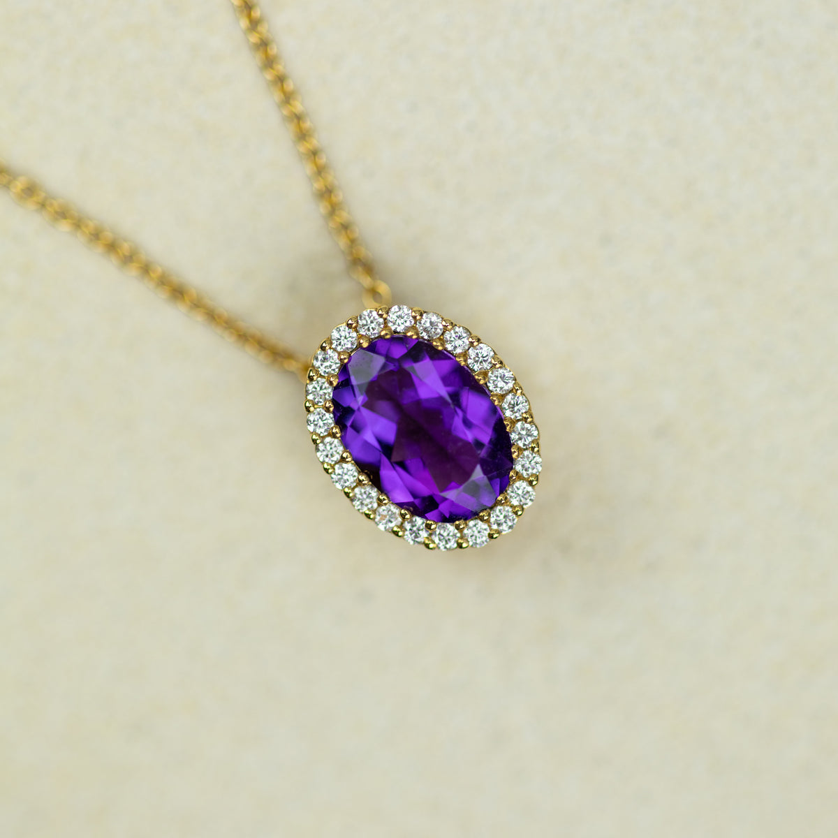 18ct yellow gold oval amethyst diamond halo floating necklace