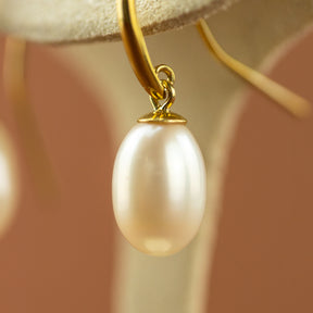 River Pearl Teardrop Crook Earrings in 9 Karat Yellow Gold at RR Jewellers Yarm UK