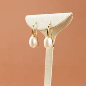 River Pearl Teardrop Crook Earrings in 9 Karat Yellow Gold at RR Jewellers Yarm UK