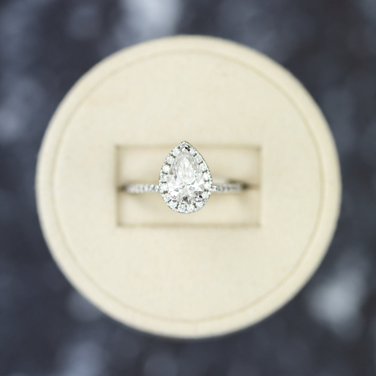 1.53 Carat, Pear Cut Halo Ring with Diamond Set Shoulders at RR Jewellers Yarm