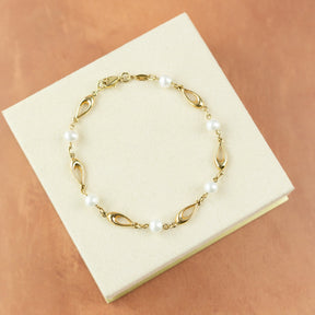 9ct yellow gold freshwater pearl and oval link bracelet
