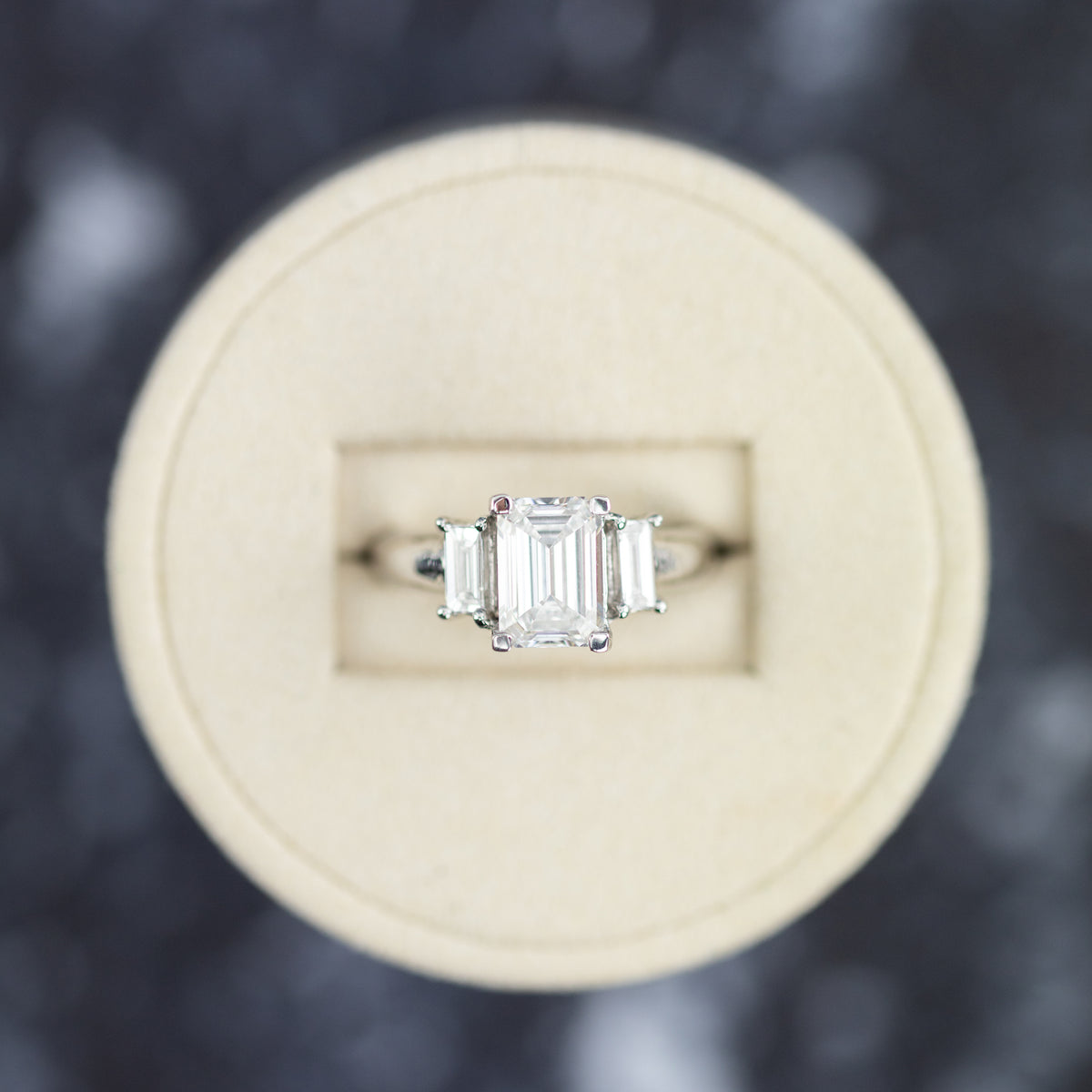 2.32 Carat, Emerald Cut Trilogy Ring available at RR Jewellers Yarm
