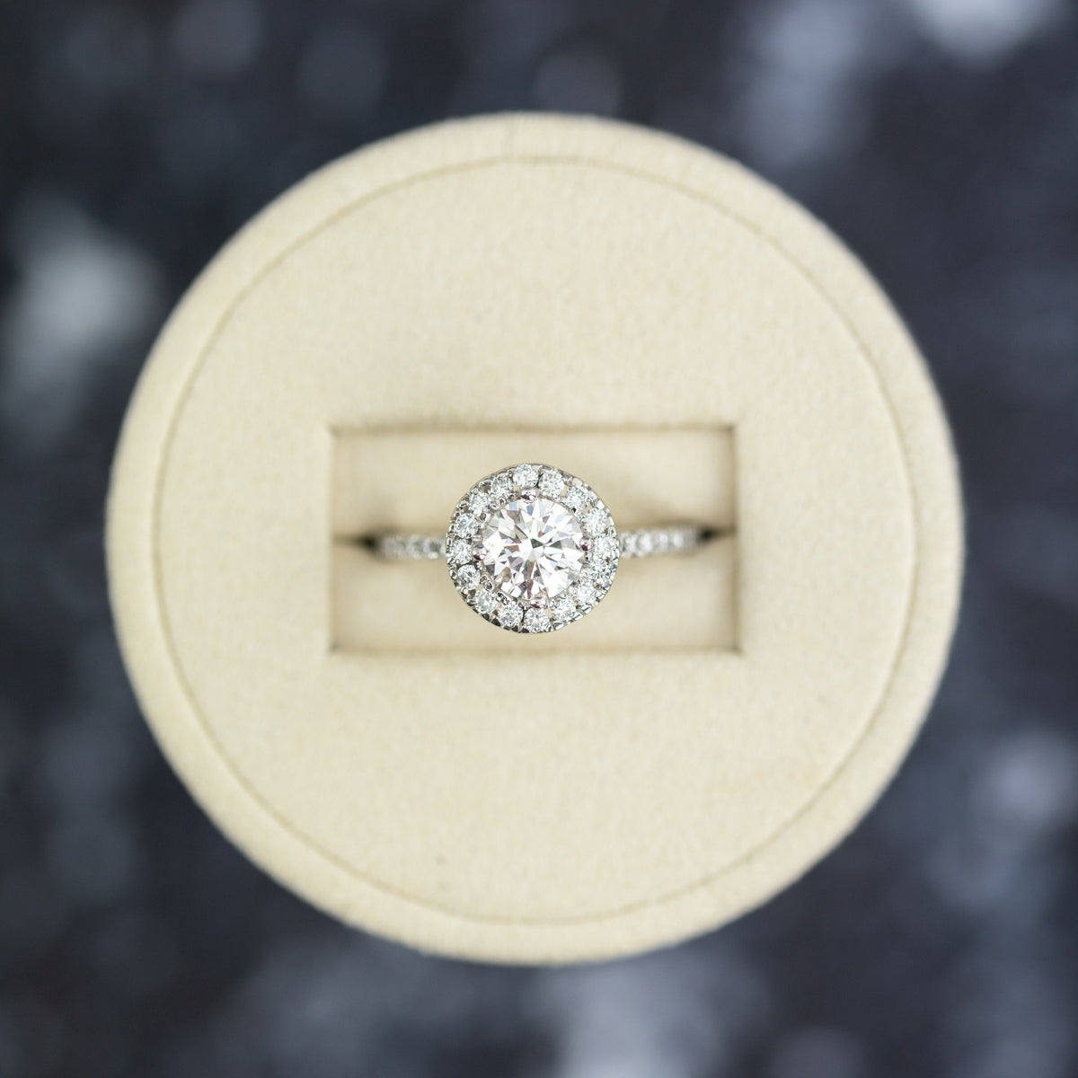 1.32 Carat, Brilliant Round Halo Ring with Diamond Set Shoulders