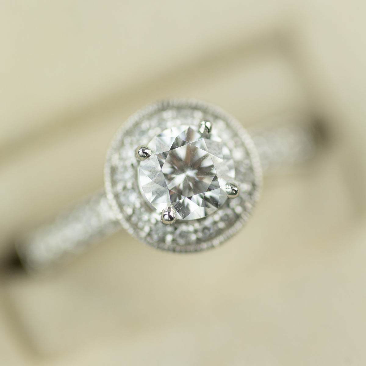 18 Karat White Gold Round Diamond Halo Ring 1.09ct D colour