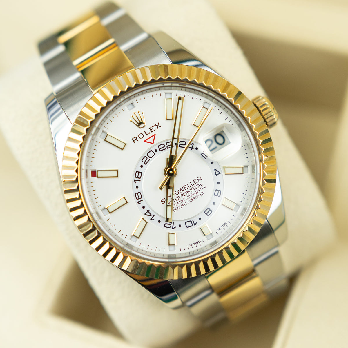 2021 Rolex Sky-Dweller Bi Metal Oystersteel & 18K Yellow Gold Fluted Bezel, White Dial 42mm, 326933 available at RR Jewellers Yarm