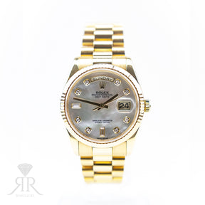 2015 Rolex DAYDATE 36mm 18K Yellow Gold, MOP Diamond Dial, President, 128238 available at RR Jewellers Yarm