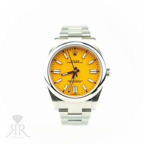Unworn Pre - Owned 2021 Rolex OYSTER PERPETUAL 41mm Oystersteel Yellow Dial 124300 at RR Jewellers Yarm