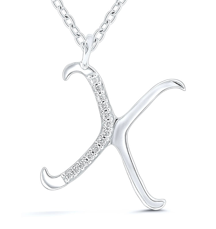 9ct white gold diamond initial X necklace 16-18 inch curb chain.