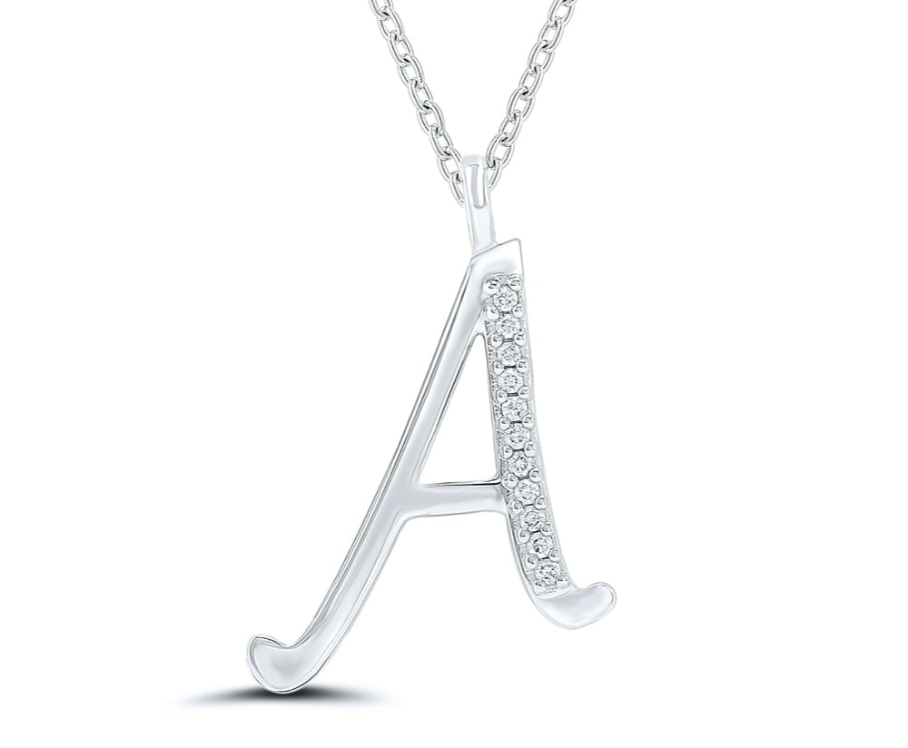 9ct White Gold Natural Diamond initial A necklace curb chain 16-18 inch