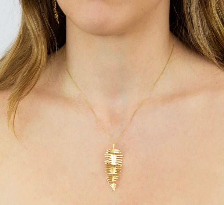 Yellow gold plated silver palm leaf necklace