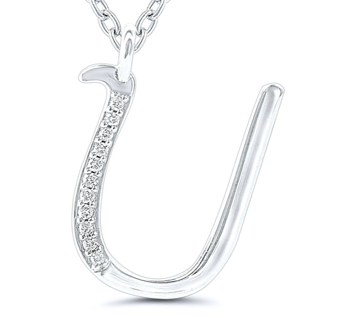 9ct white gold diamond initial U necklace 16-18 inch curb chain.