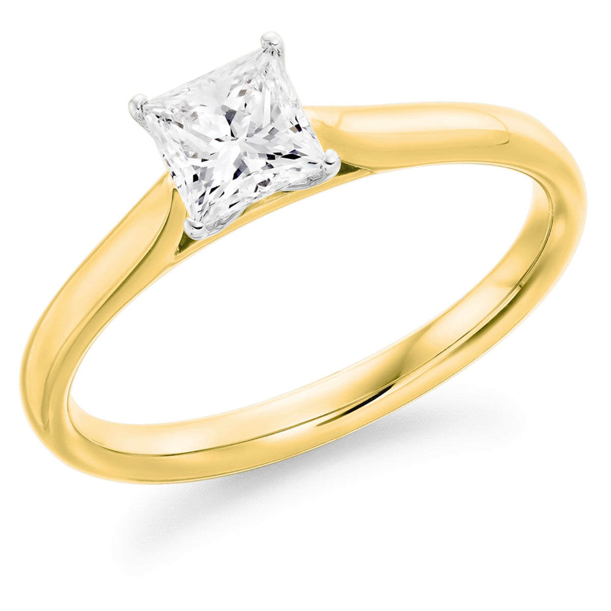 18ct yellow gold princess cut certified diamond D colour solitaire ring